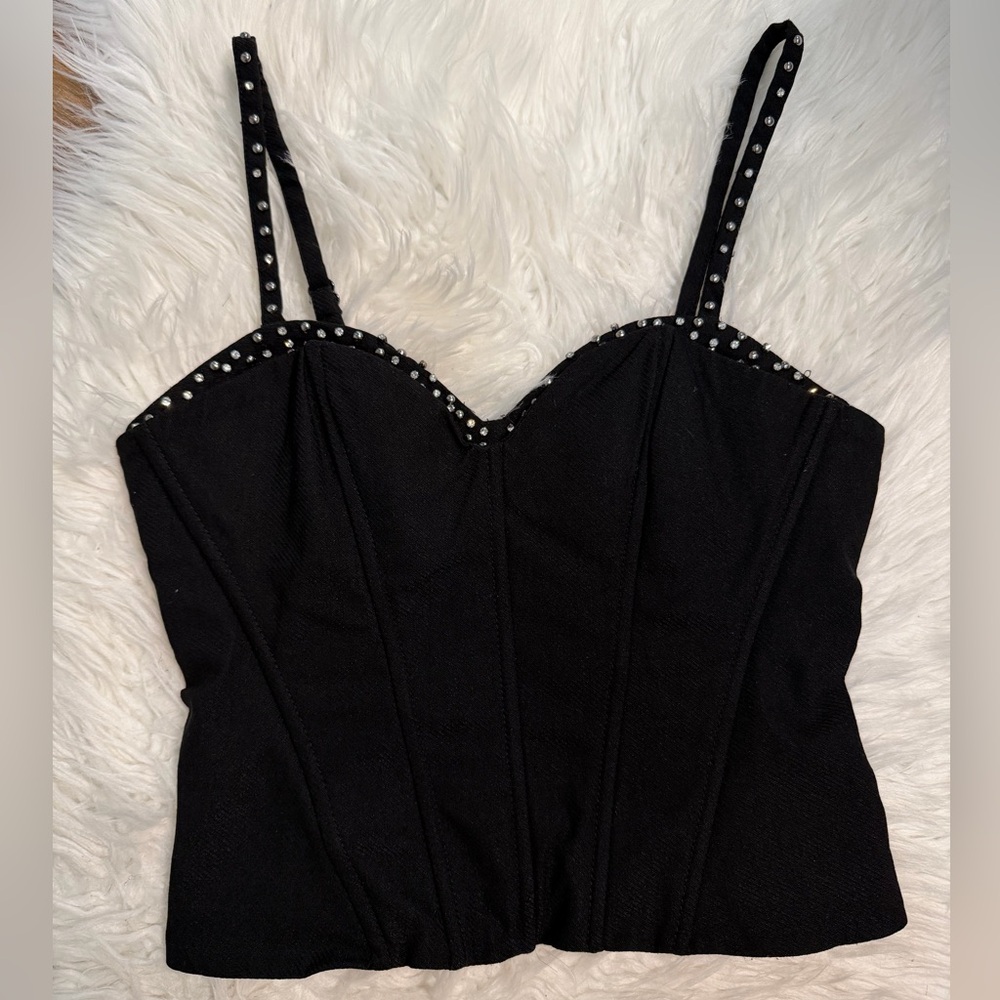 Bebe Black Studded Rhinestone Embellished Corset Top XS